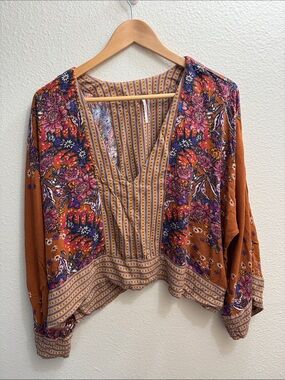 Free People Rust Floral Boho V-Neck cropped Tunic with Pink & Navy Accents